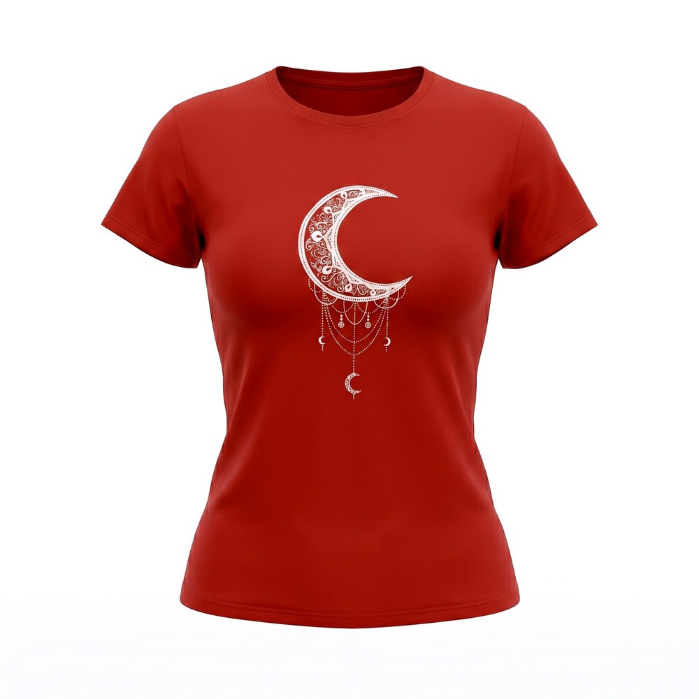 HZT Womens Red Celestial Crescent Moon Graphic T-Shirt Boho Short Sleeve Tee L